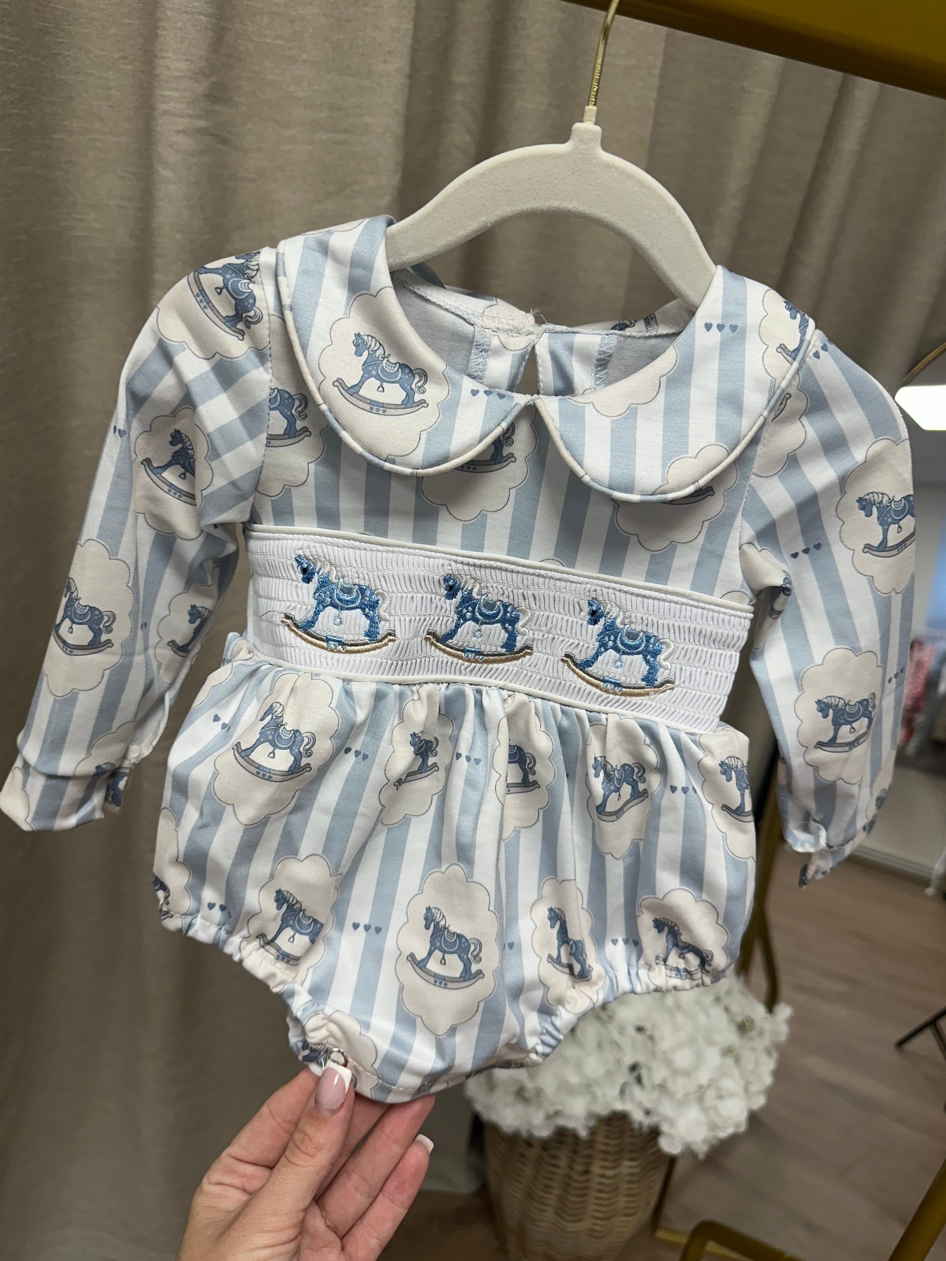 Blue Vintage Rocking Horse Boys Smocked Romper
