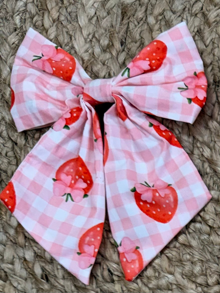Gingham Strawberry Girls Hair Bow