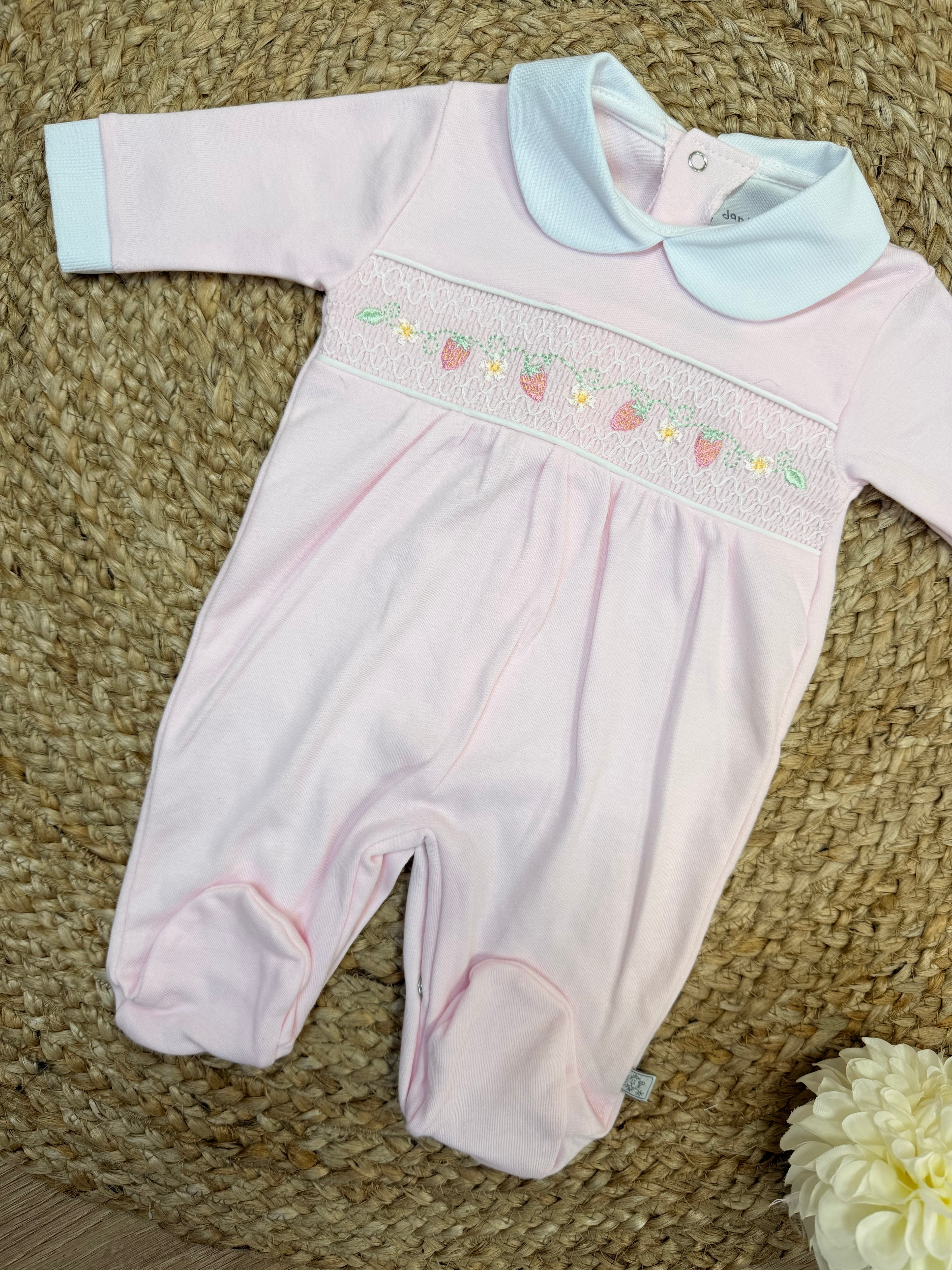 Pink Strawberry Velour Smocked Babygrow