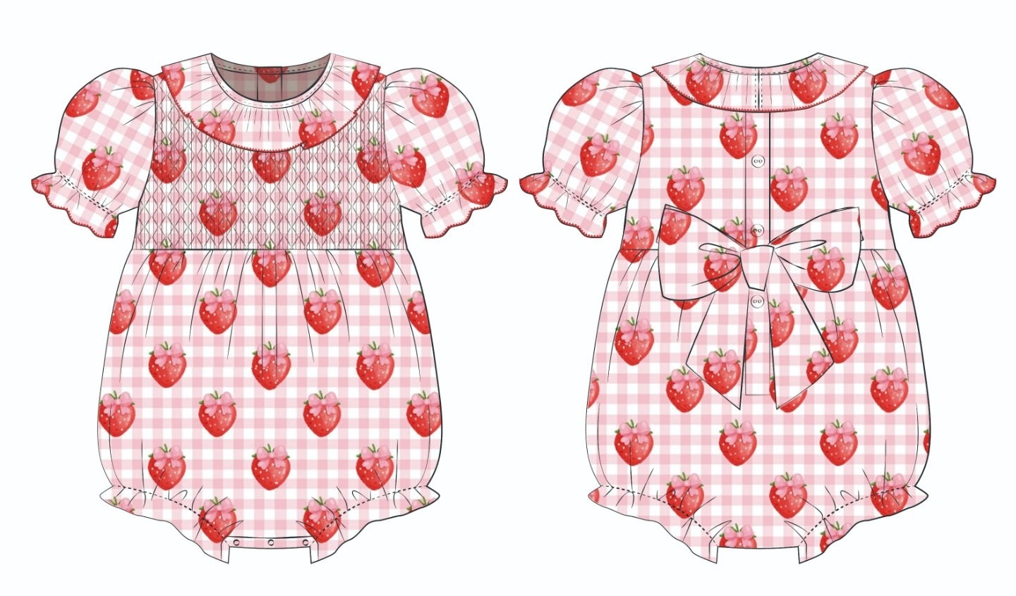 Gingham Strawberry Girls Hand Smocked Romper