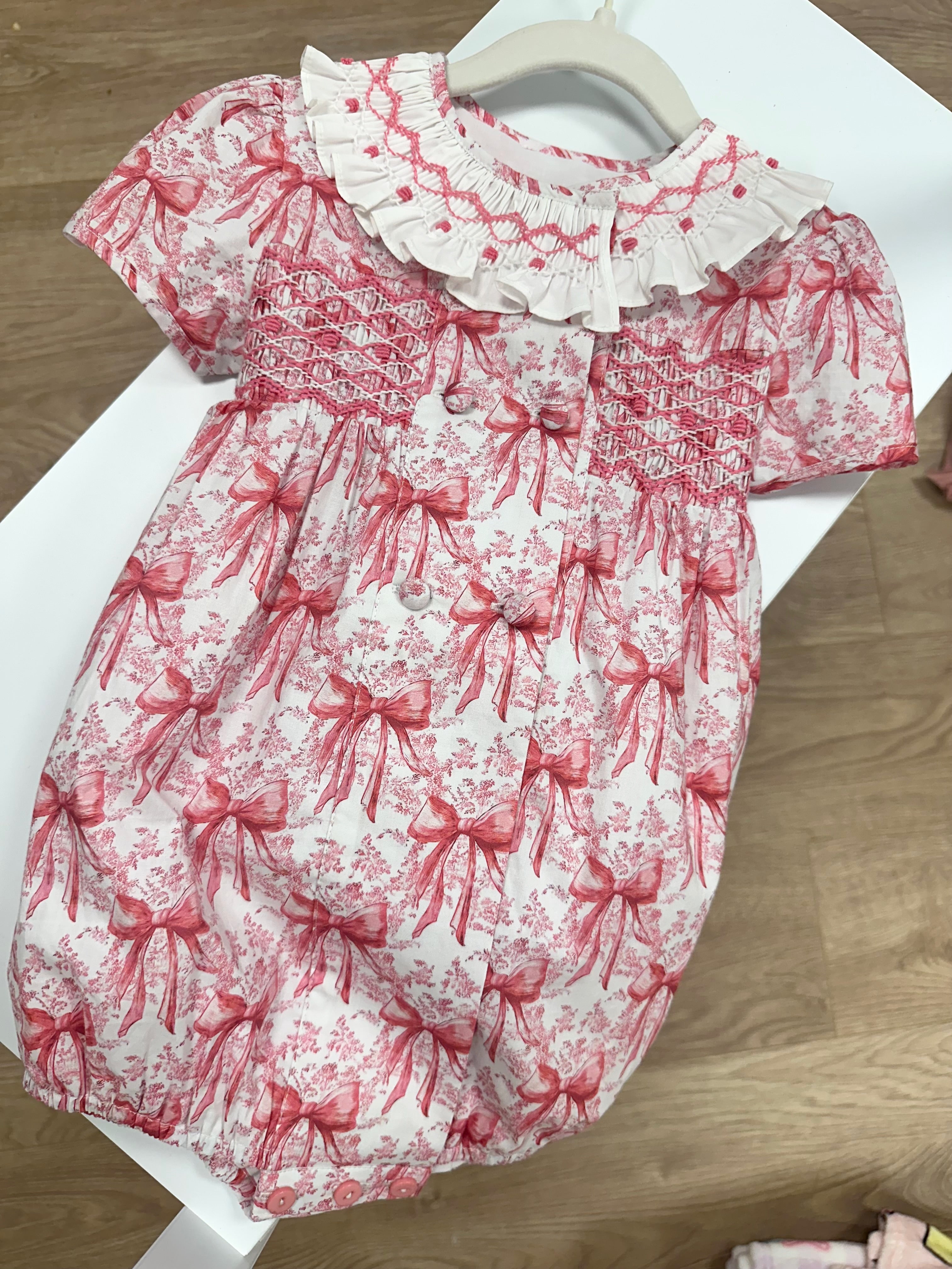 Pink Bow Toile Hand Smocked Romper