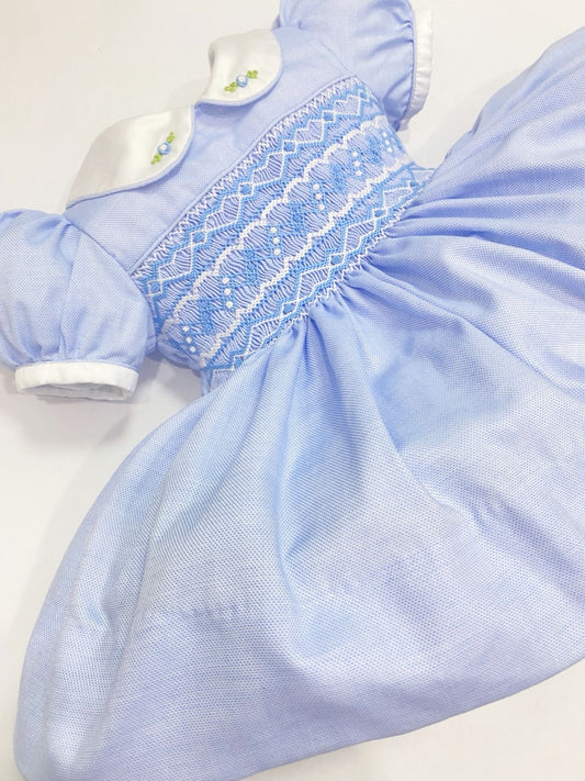 Cindy Blue Hand Smocked Dress With Knickers & Hair Accessories