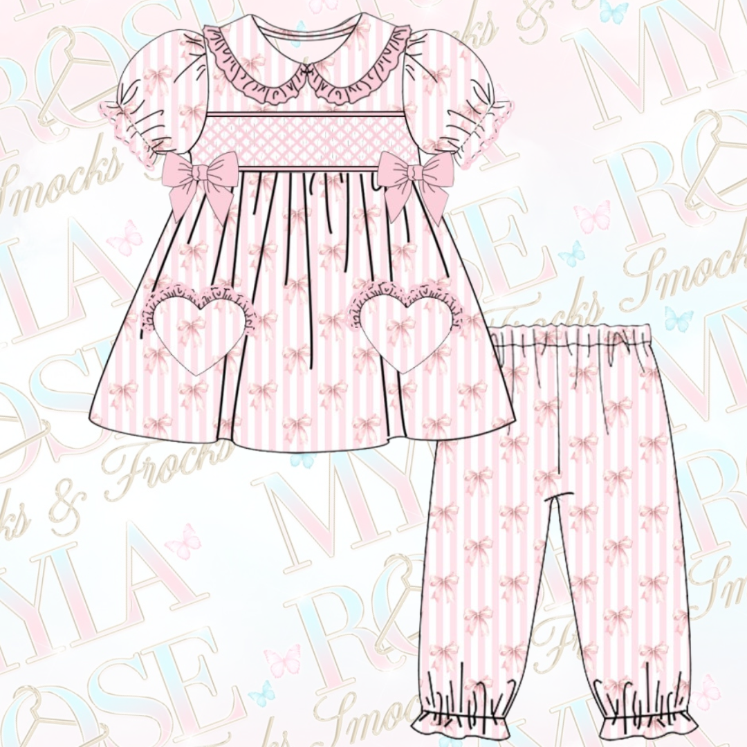 Baby Pink Bow Exclusive Smocked Pyjamas With Hair Bow (Pre Order 5-6 Weeks Delivery)