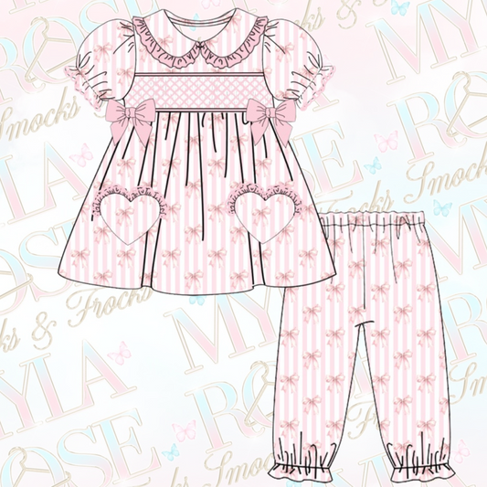 Baby Pink Bow Exclusive Smocked Pyjamas With Hair Bow (Pre Order 5-6 Weeks Delivery)