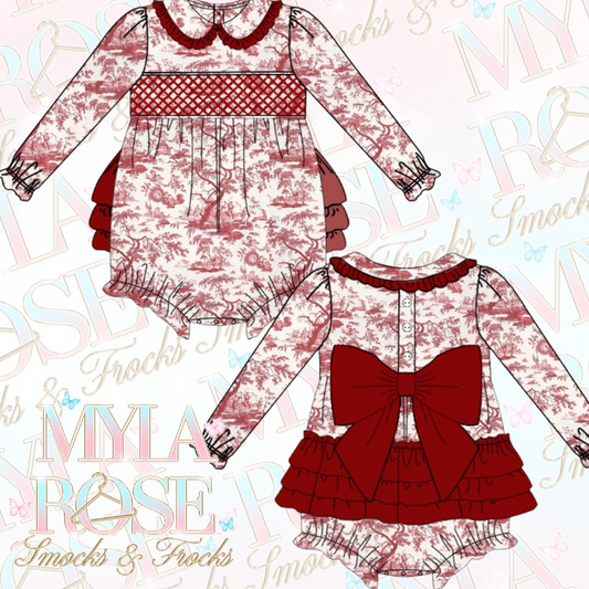 Plum Toile De Jouy Bow Back / Frill Bum Smocked Romper (Pre Order 5-6 Weeks Delivery)