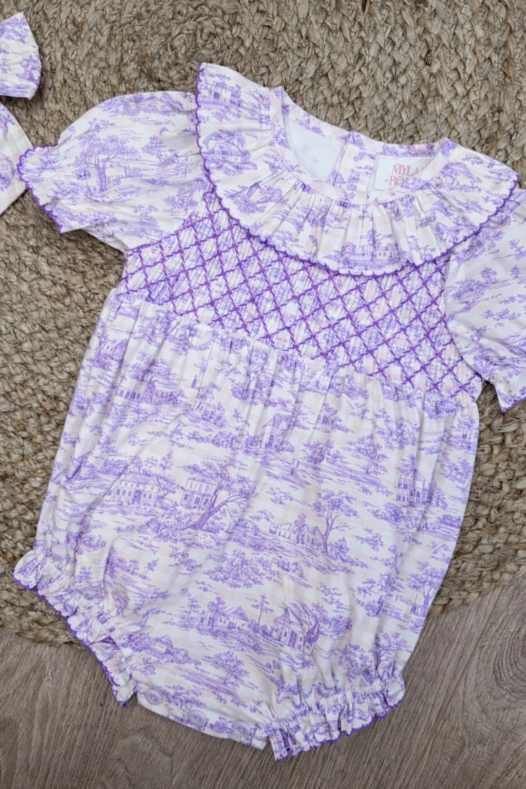 Lilac Toile Girls Hand Smocked Romper (Pre Order)