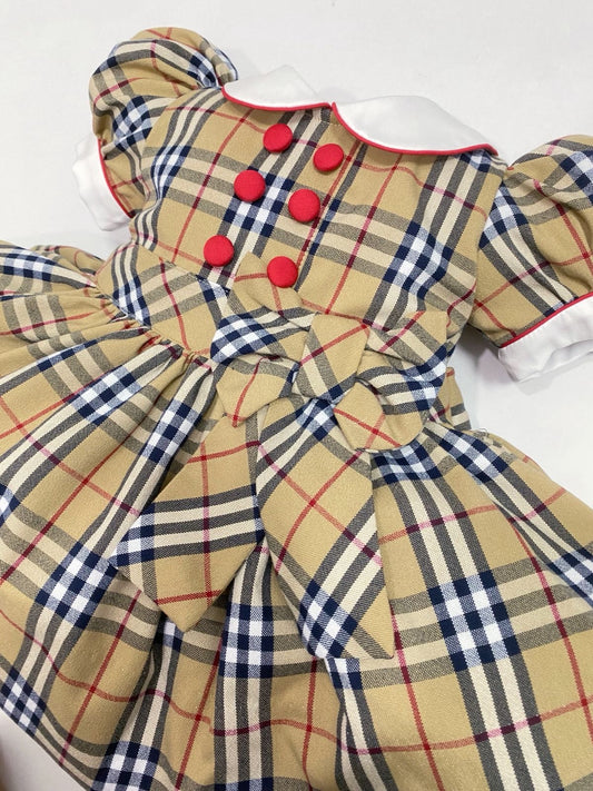 Beige Tartan Classic Dress With Knickers & Hair Accessories (Pre Order 2 Weeks Delivery)