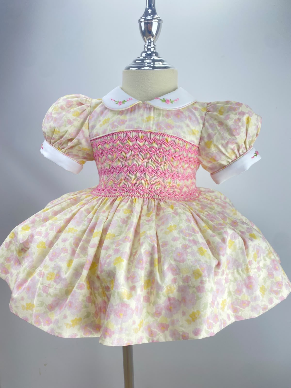 Maisie Floral Lemon / Pink Hand Smocked Dress With Knickers & Hair Accessories (Pre Order)