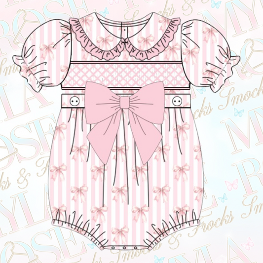 Baby Pink Bow Exclusive Smocked Romper (Pre Order 5-6 Weeks Delivery)