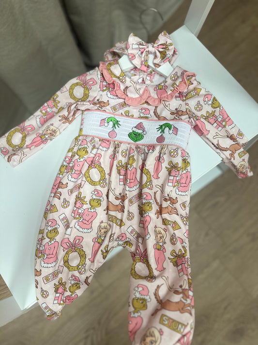 Pink Grinchmas Girls Exclusive Smocked Babygrow & Headband
