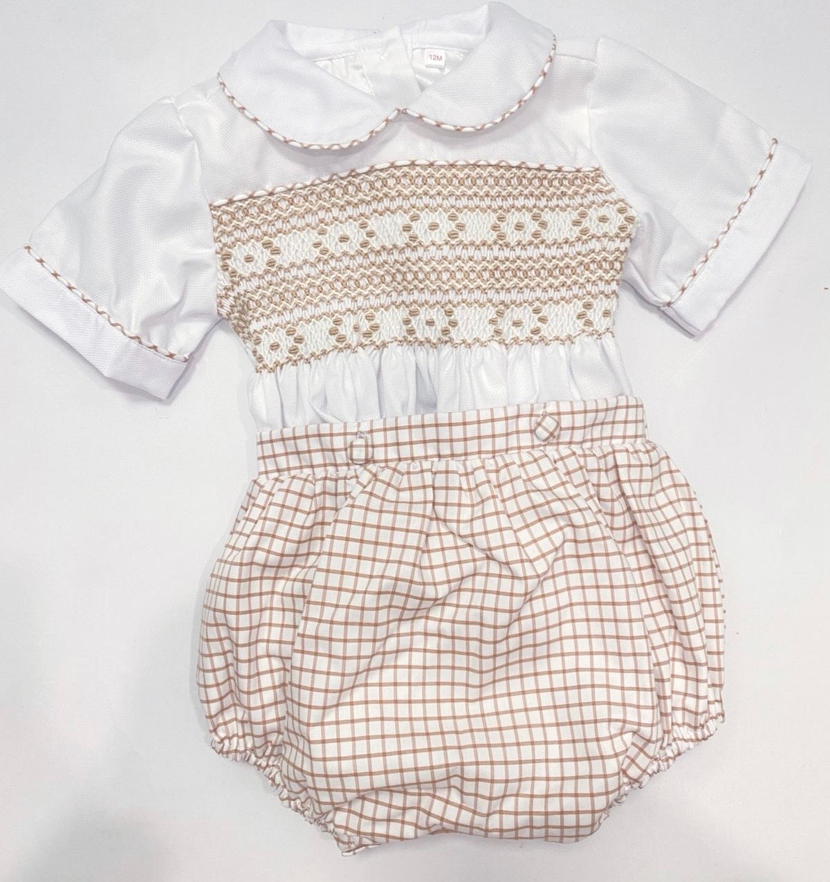 Bruno Exclusive Beige Hand Smocked Two Piece Romper