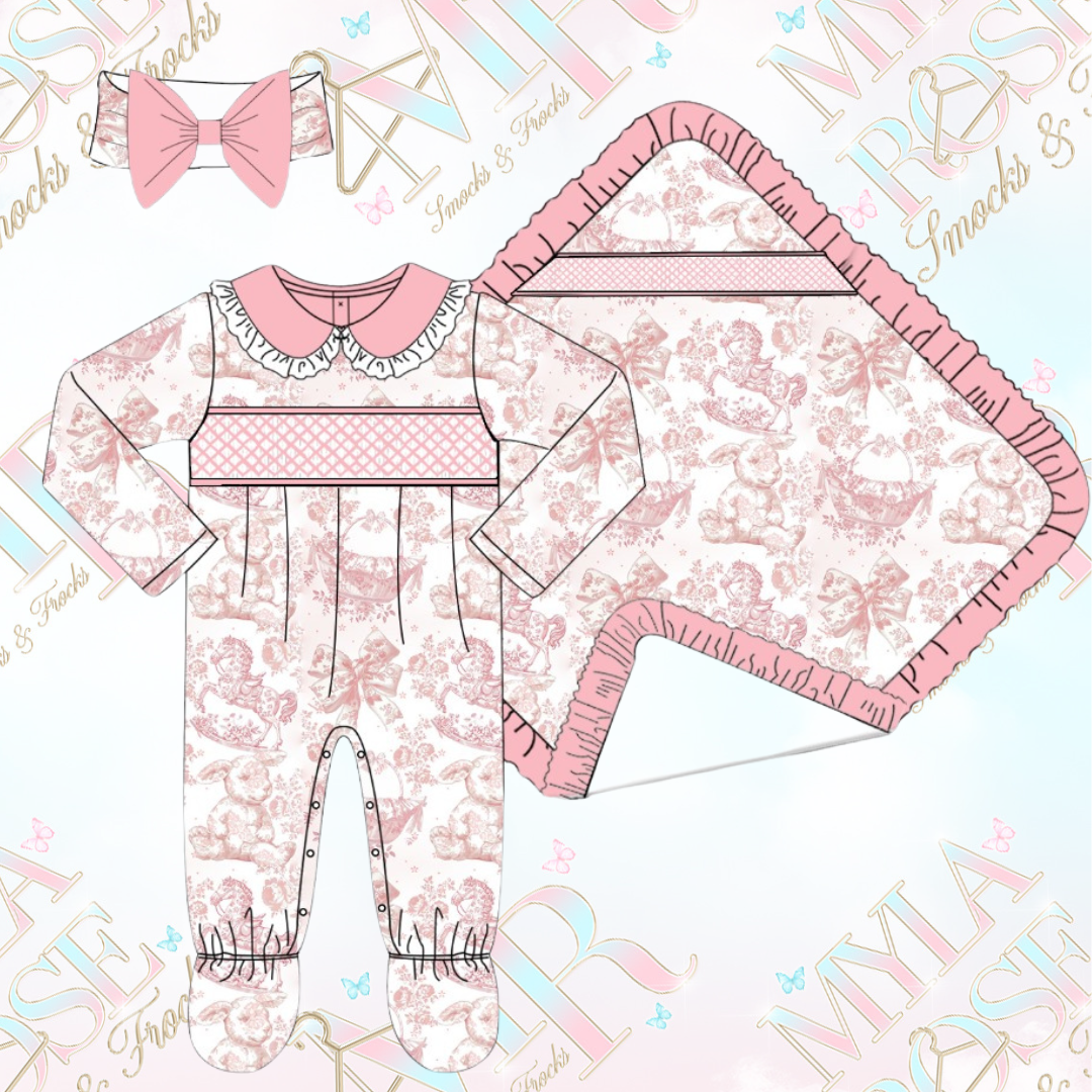 Dior Nursery Inspired Smocked Set - Headband, Baby Grow, Blanket (Pre Order 1-2 Weeks Delivery)