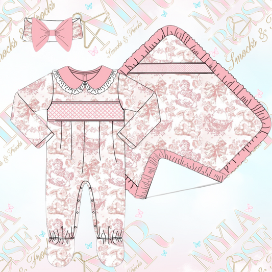 Dior Nursery Inspired Smocked Set - Headband, Baby Grow, Blanket (Pre Order 1-2 Weeks Delivery)