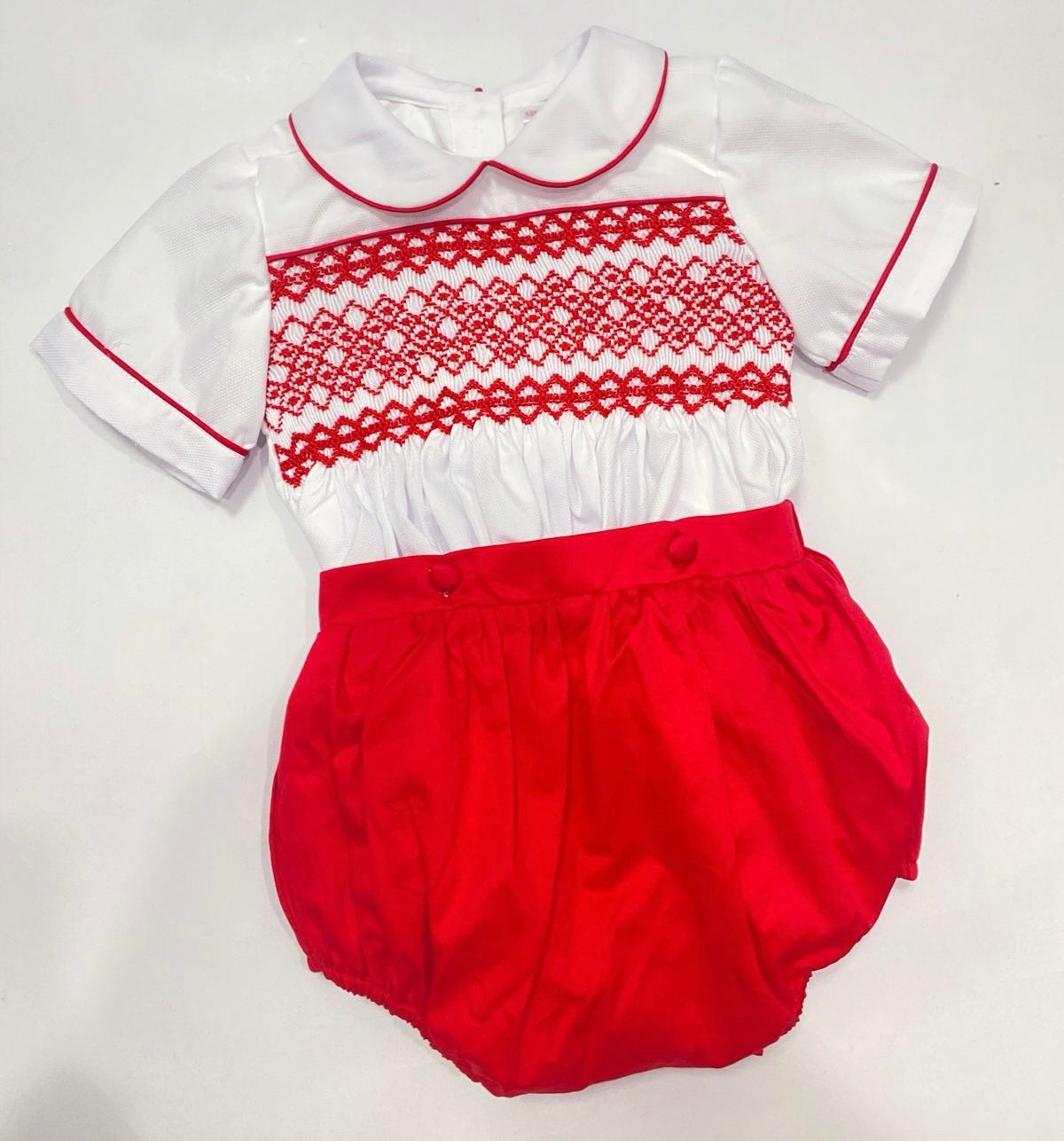Ruby Red / White Exclusive Hand Smocked Two Piece Romper