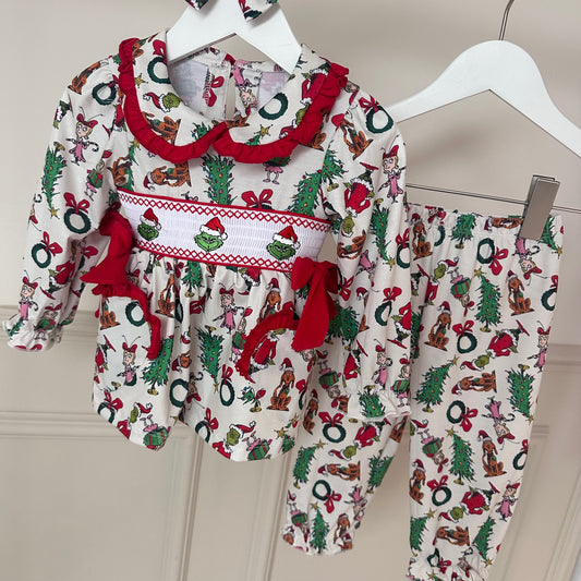 Mean One Girls Exclusive Smocked Pyjamas With Hair Bow