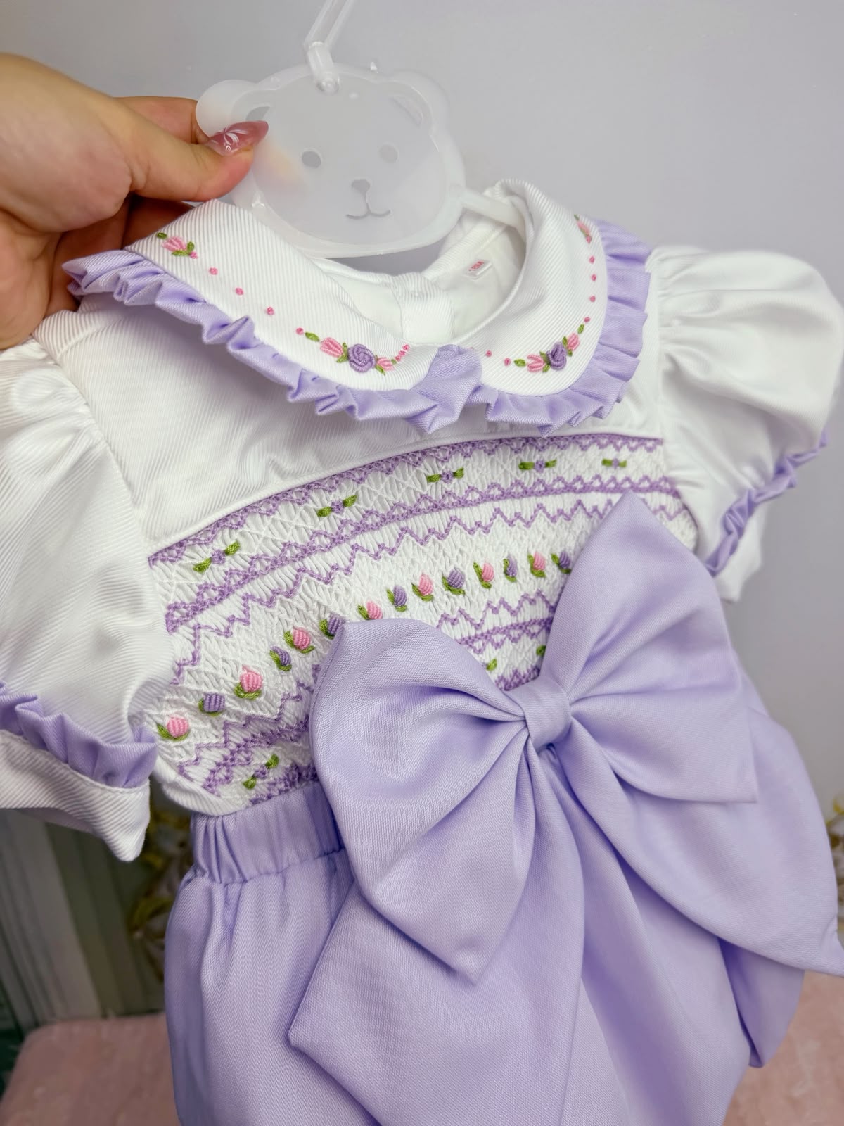 Lollie Lilac Hand Smocked Romper & Hair Accessories (Pre Order)