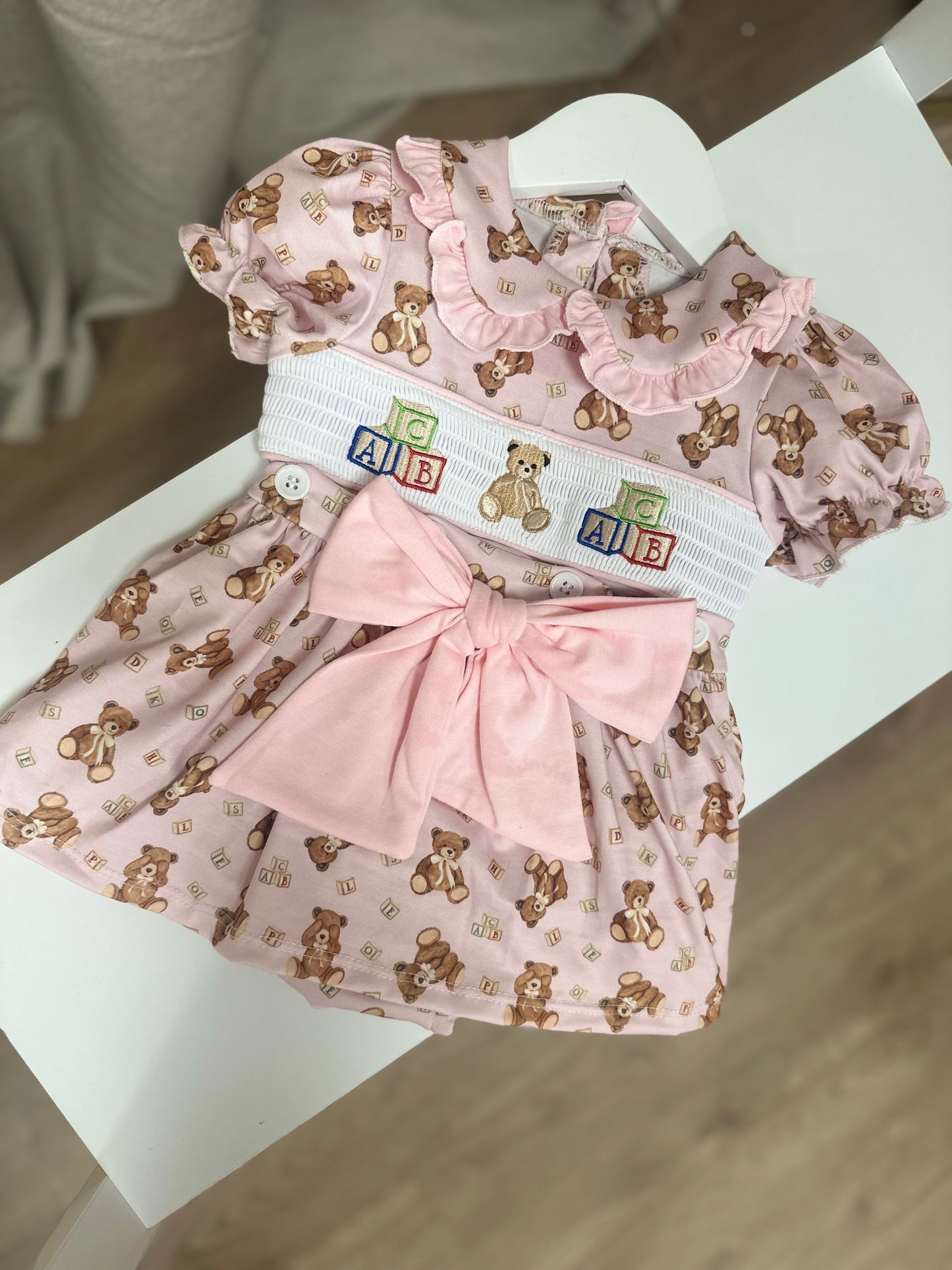 Pink Teddy Smocked Romper Dress