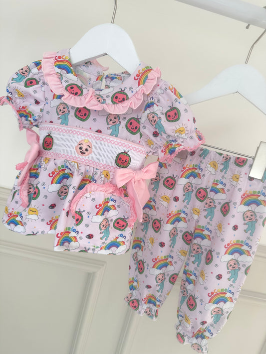 Cocomelon Girls Exclusive Smocked Pyjamas With Hair Bow