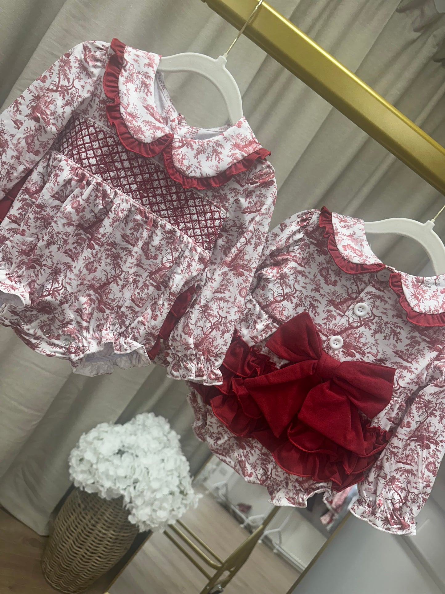 Plum Toile De Jouy Bow Back / Frill Bum Smocked Romper