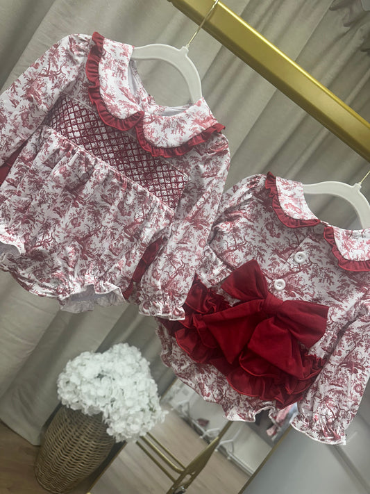 Plum Toile De Jouy Bow Back / Frill Bum Smocked Romper