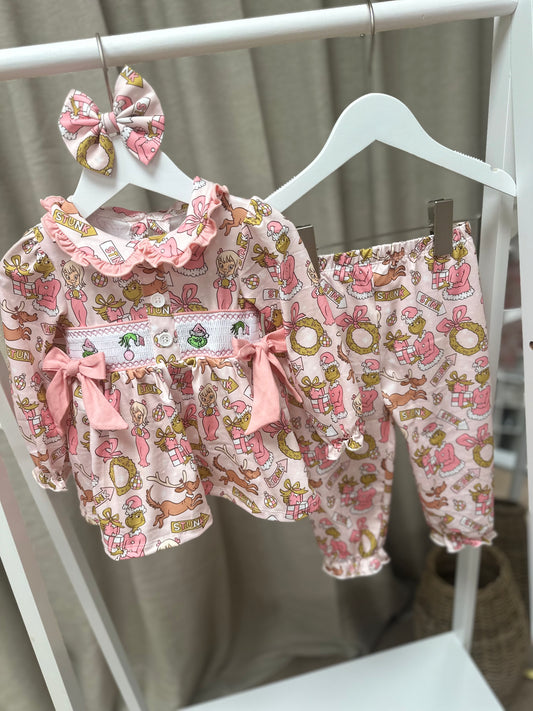 Pink Grinchmas Girls Exclusive Smocked Pyjamas With Hair Bow