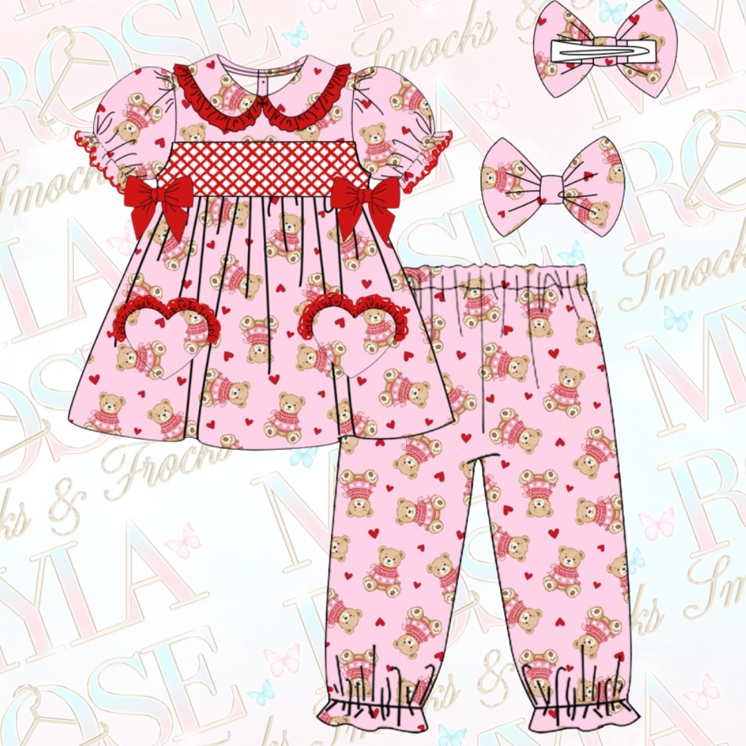 Pink Teddy Exclusive Smocked Pyjamas With Hair Bow (Pre Order)