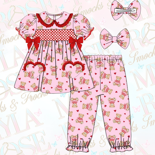Pink Teddy Exclusive Smocked Pyjamas With Hair Bow (Pre Order)