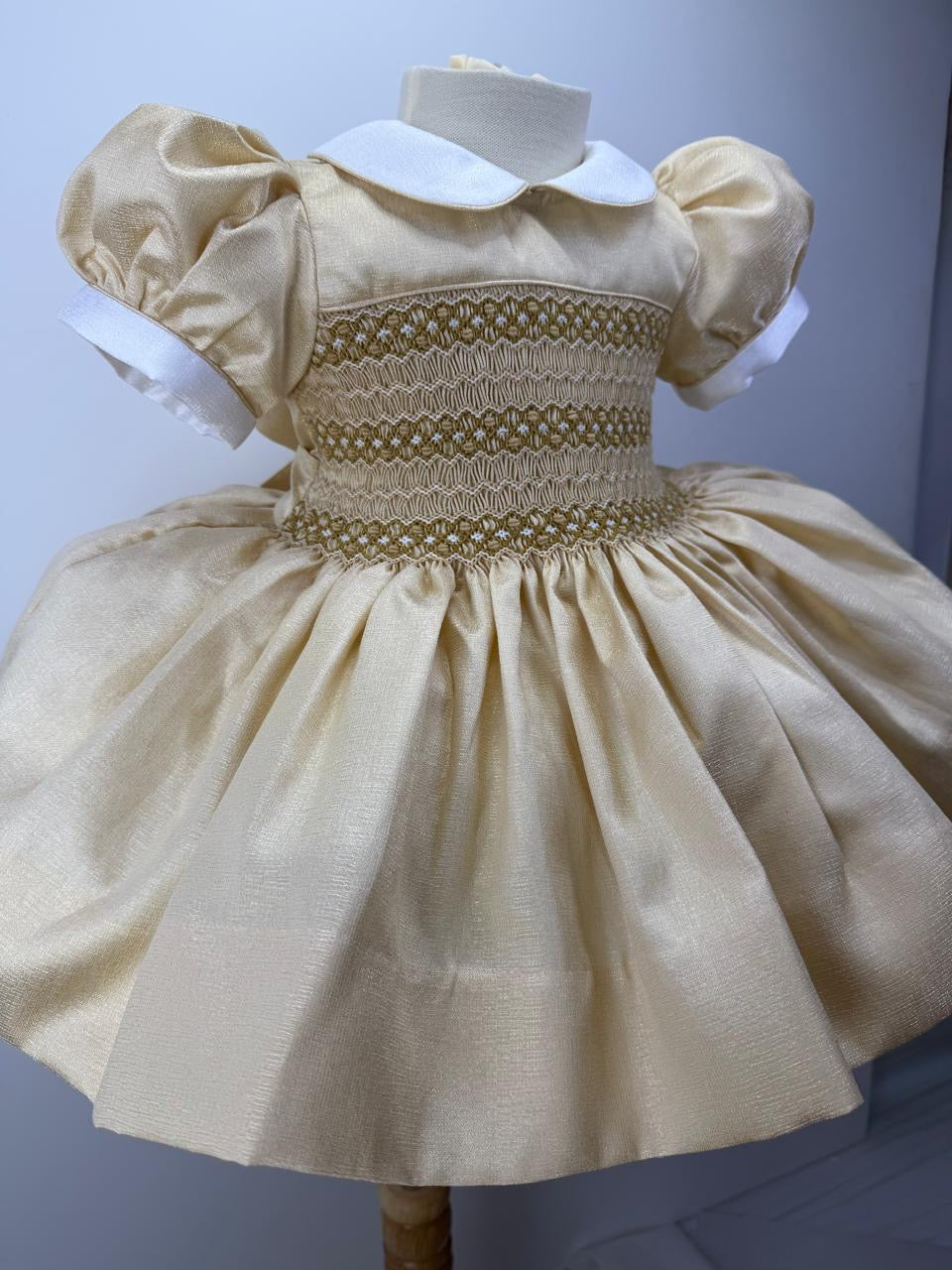 Charlotte Gold Shimmer Hand Smocked Dress With Knickers & Hair Accessories (Pre Order)