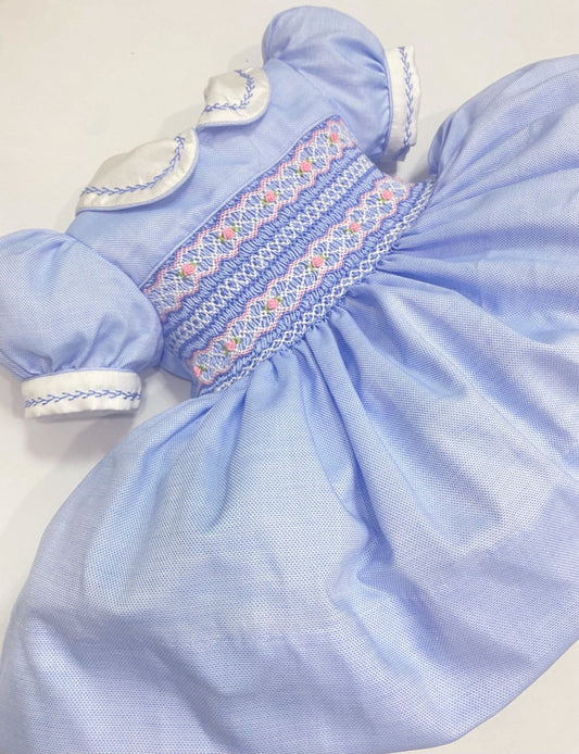Belle Pink / Blue Hand Smocked Dress With Knickers & Hair Accessories