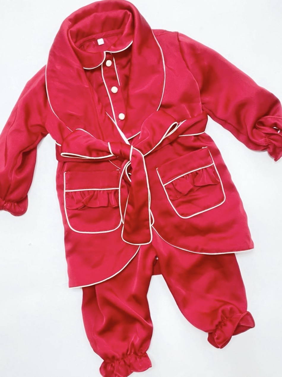 Red Girls Silk Nightwear Set - Pyjamas, Gown & Hair Accessories
