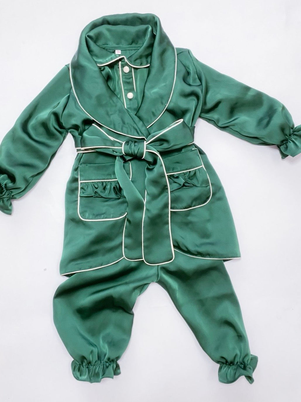Emerald Green Girls Silk Nightwear Set - Pyjamas, Gown & Hair Accessories