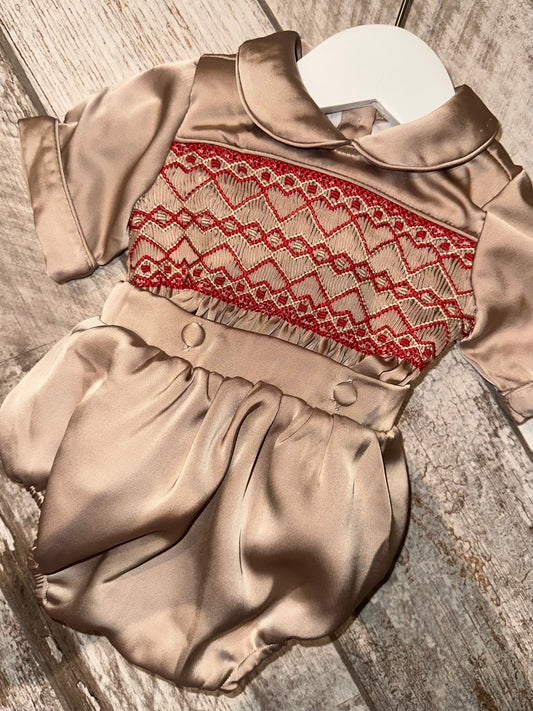 Noel Luxe Boys Champange Exclusive Hand Smocked Two Piece Romper  - Luxe Collection