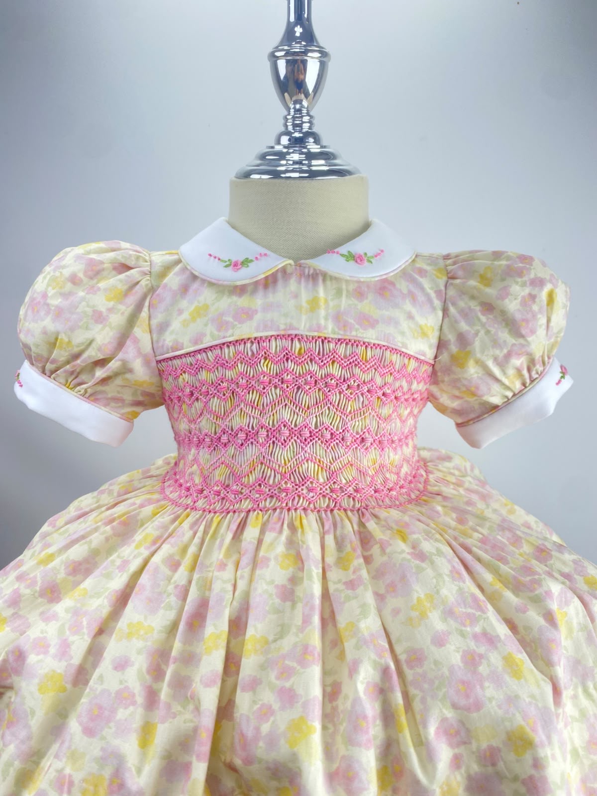 Maisie Floral Lemon / Pink Hand Smocked Dress With Knickers & Hair Accessories (Pre Order)
