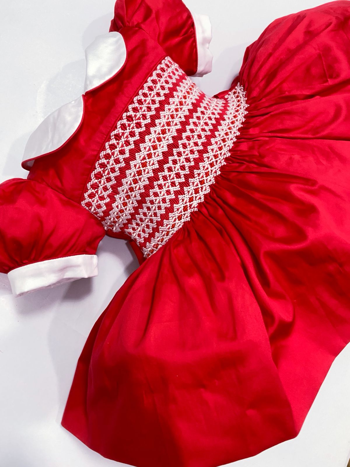 Ruby Red / White Hand Smocked Dress With Knickers & Hair Accessories (Pre Order 1-2 Weeks Delivery)