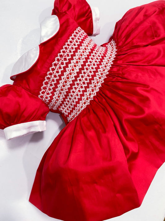 Ruby Red / White Hand Smocked Dress With Knickers & Hair Accessories (Pre Order 1-2 Weeks Delivery)