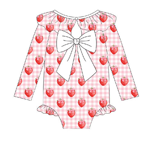 Gingham Strawberry Girls Long Sleeve Swimming Costume