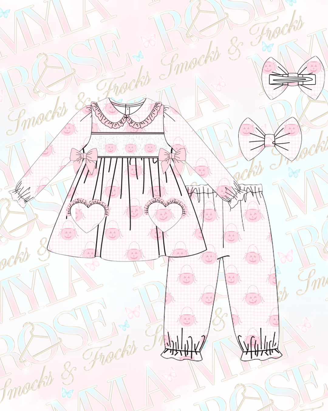 Pink Gingham Pumpkin Exclusive Smocked Pyjamas With Hair Bow (Pre Order)