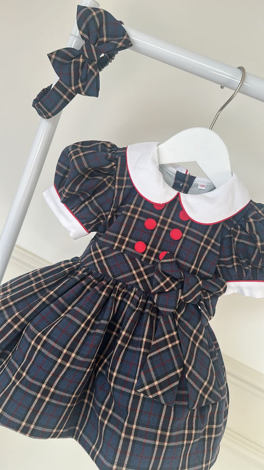 Navy Tartan Classic Dress With Knickers & Hair Accessories