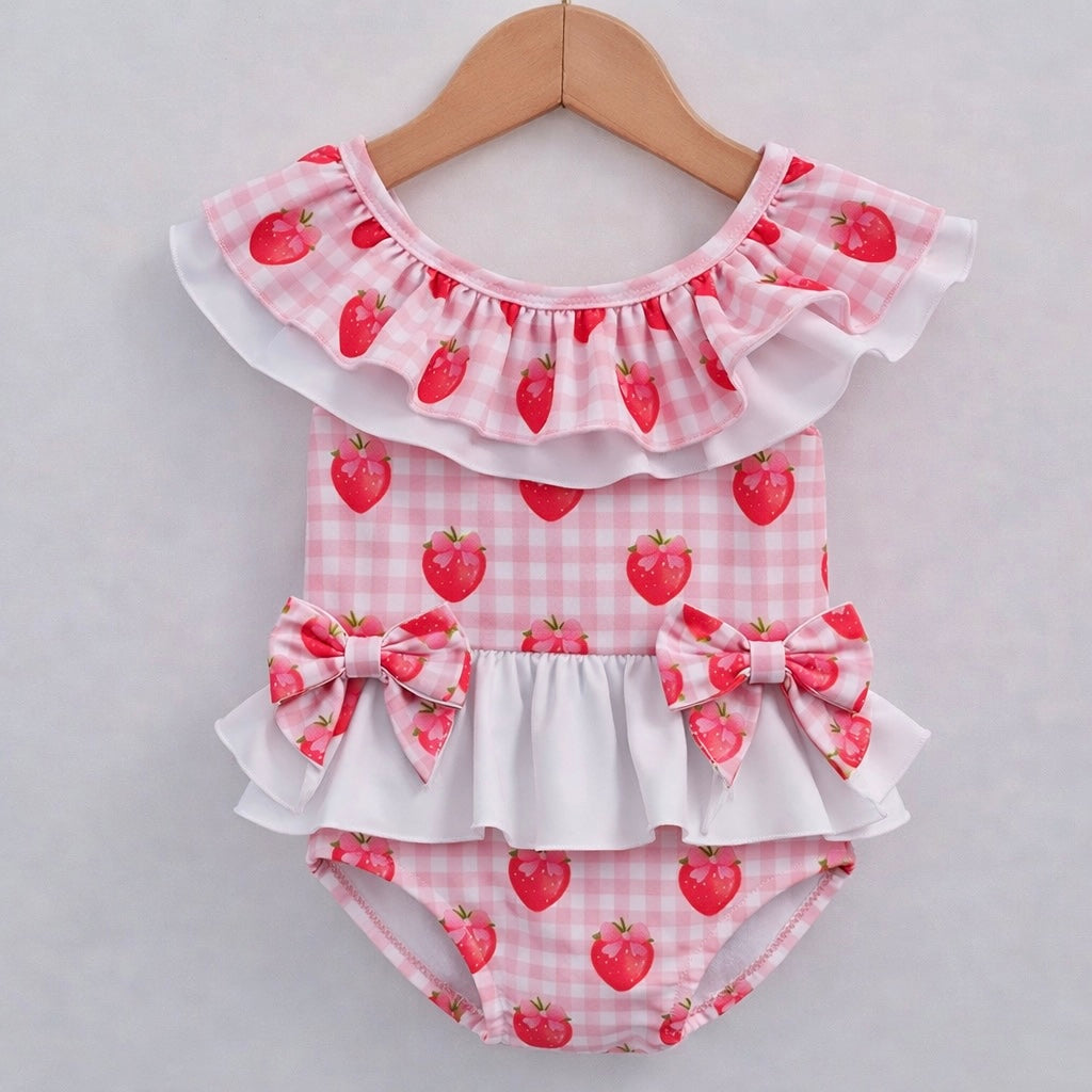 Gingham Strawberry Girls Short Sleeve Swimsuit