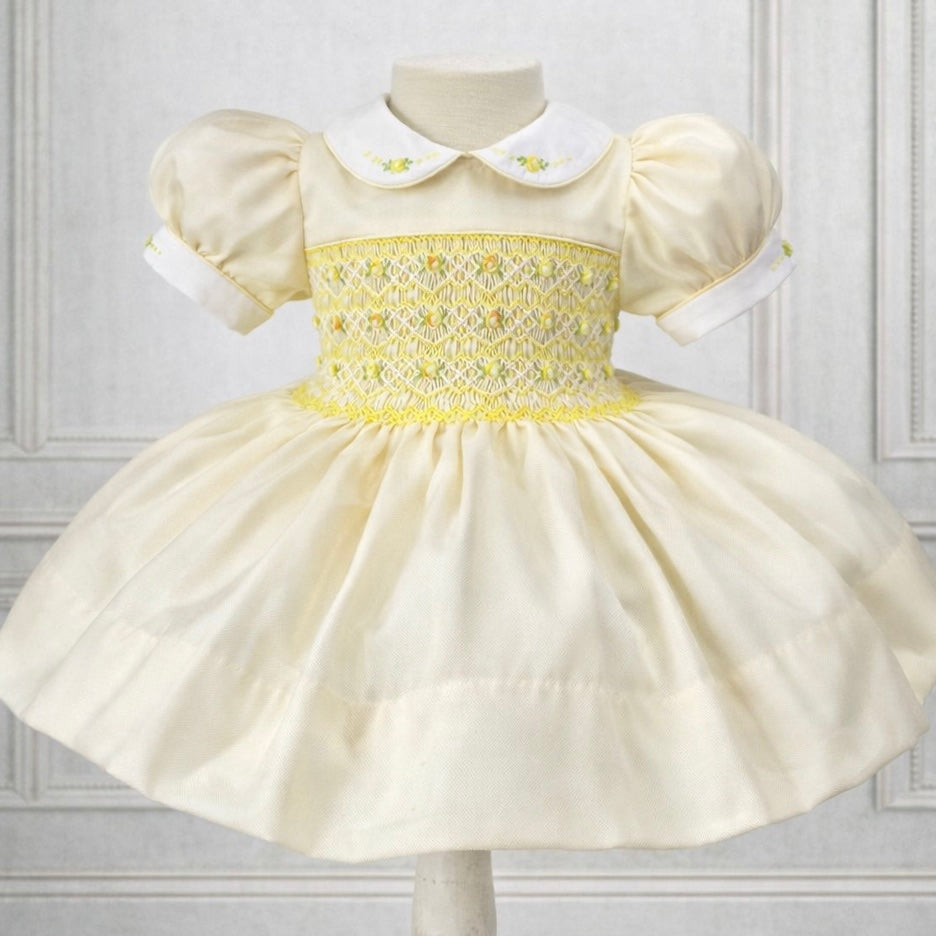 Lucia Lemon Hand Smocked Dress With Knickers & Hair Accessories