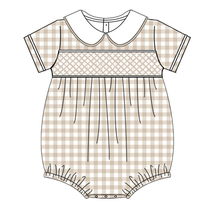 Beige Gingham Exclusive Smocked Romper