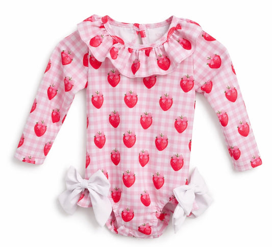 Gingham Strawberry Girls Long Sleeve Swimming Costume (Pre Order)