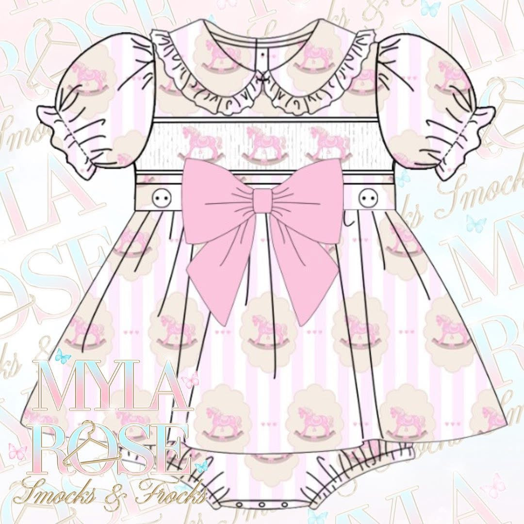 Pink Vintage Rocking Horse Smocked Romper Set