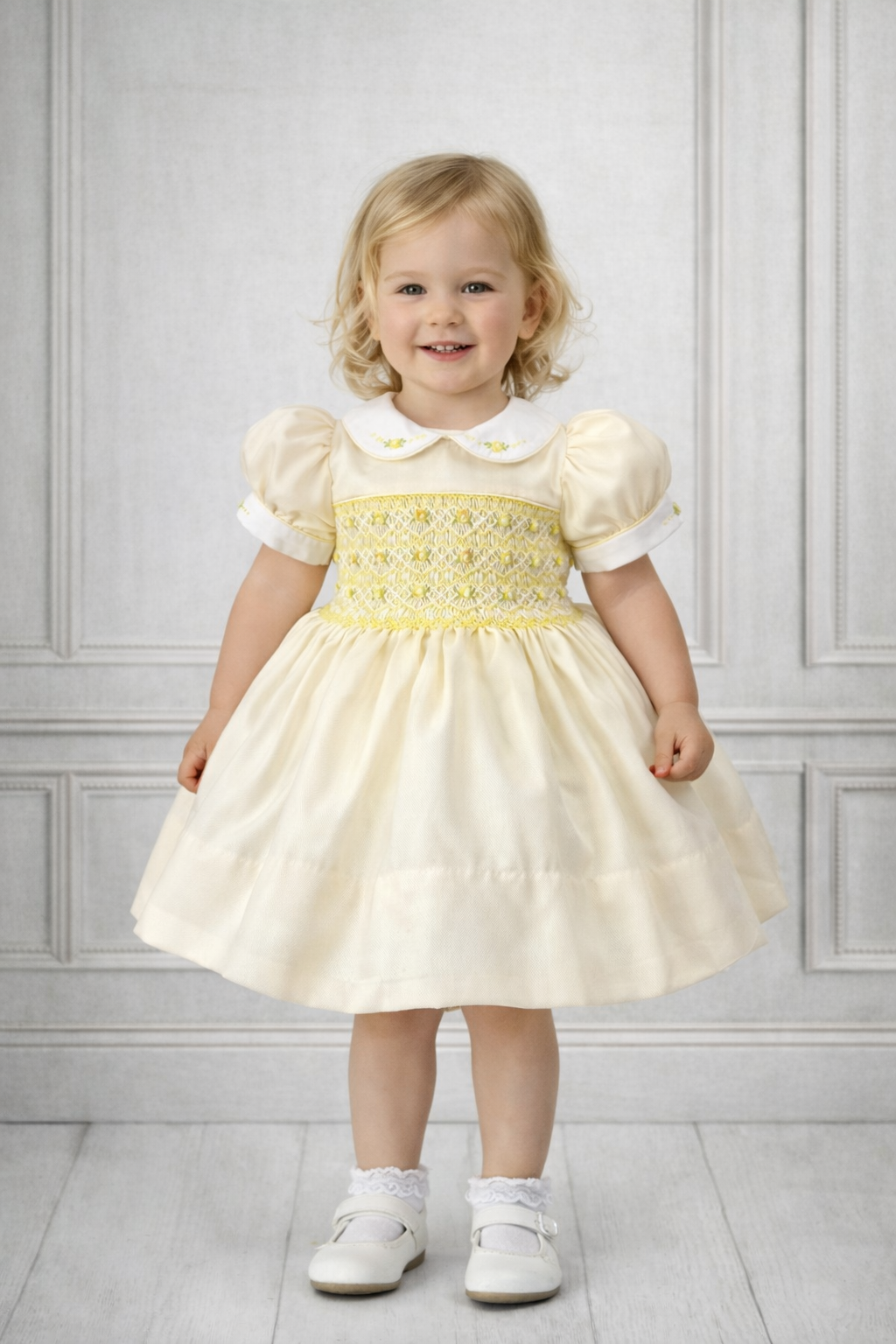 Lucia Lemon Hand Smocked Dress With Knickers & Hair Accessories