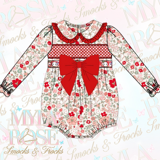La Rosa Red Floral Smocked Romper (Pre Order 6-7 Weeks Delivery)