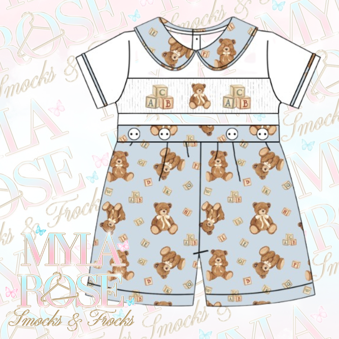 Blue Teddy Smocked Shorts Set