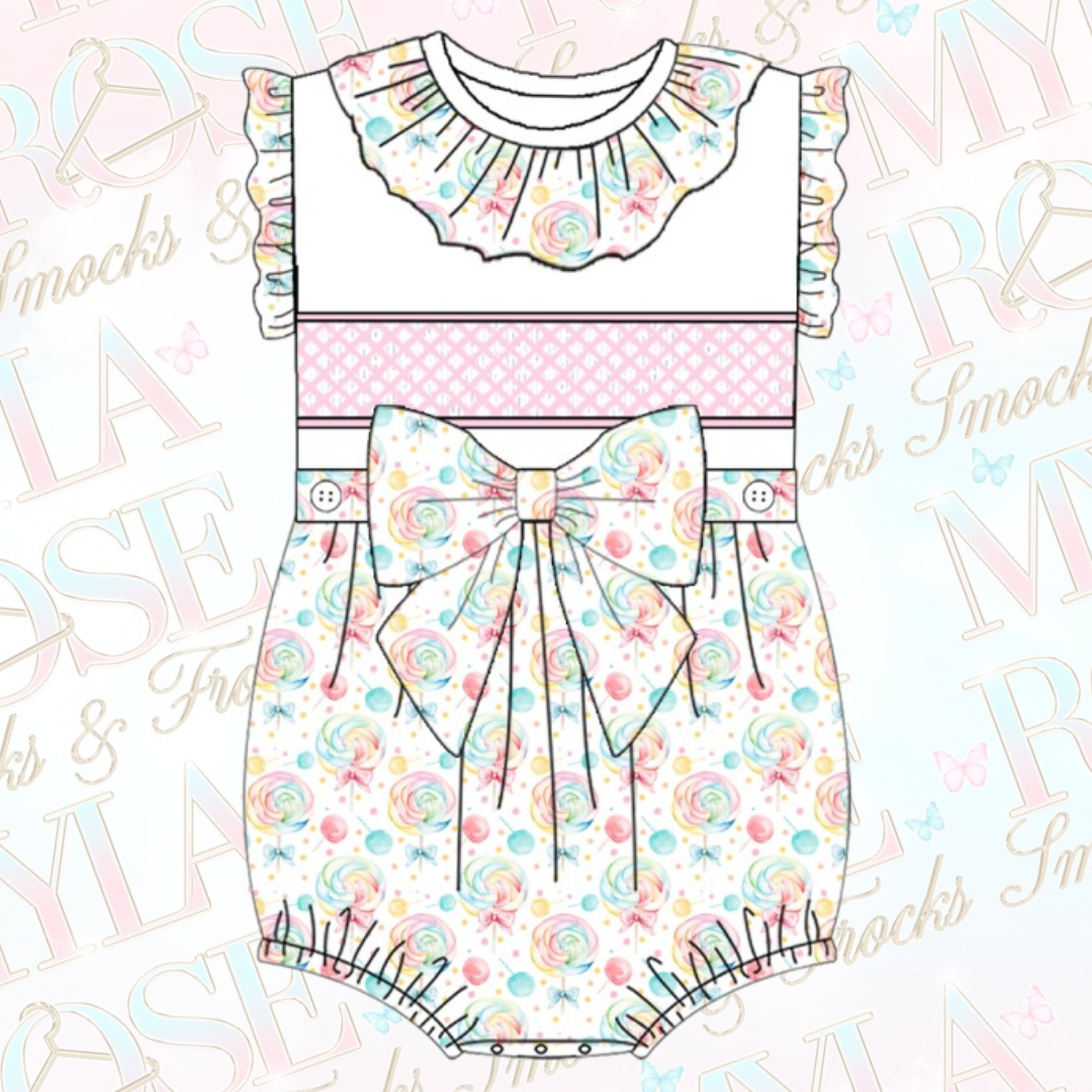 Candy Land Smocked Sleeveless Bow Romper (Pre Order)