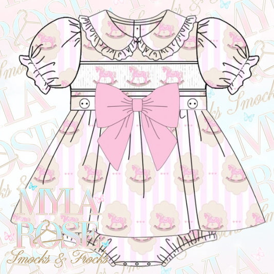 Pink Vintage Rocking Horse Smocked Romper Dress (Pre Order 5-6 Weeks Delivery)