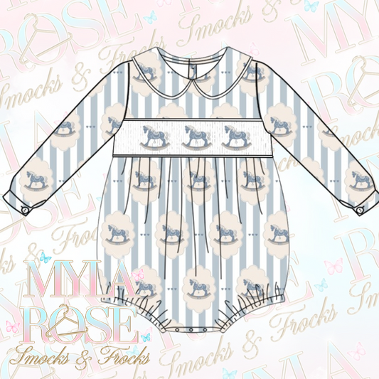 Blue Vintage Rocking Horse Boys Smocked Romper (Pre Order 5-6 Weeks Delivery)