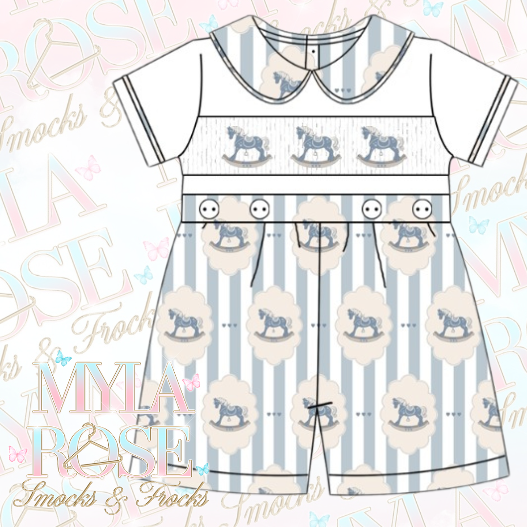 Blue Vintage Rocking Horse Boys Smocked Shorts Set
